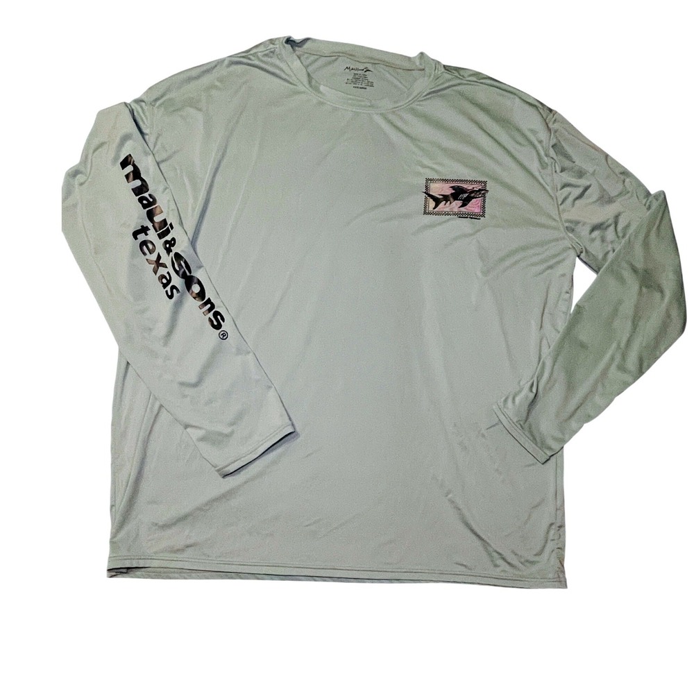 Maui & Sons Long Sleeve Shirt Mens 3XL UPF 50+ Shark Graphic Texas Light Green